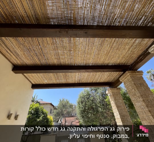 פרגולה מעץ עם קורות במרפסת חיצונית